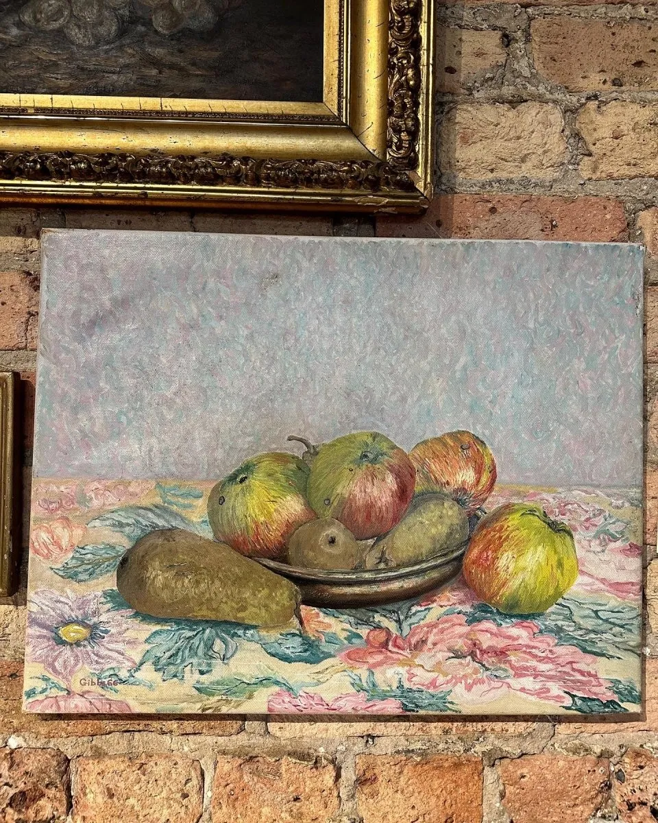 ✨ Vintage Still Life of Fruit on Floral Tablecloth ✨