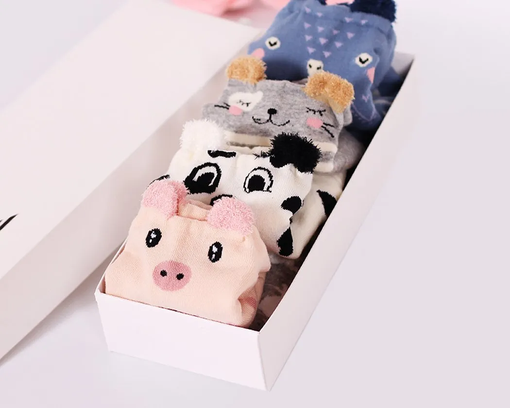 4 Pairs Animal Pattern Soft Cartoon Ankle Socks Set