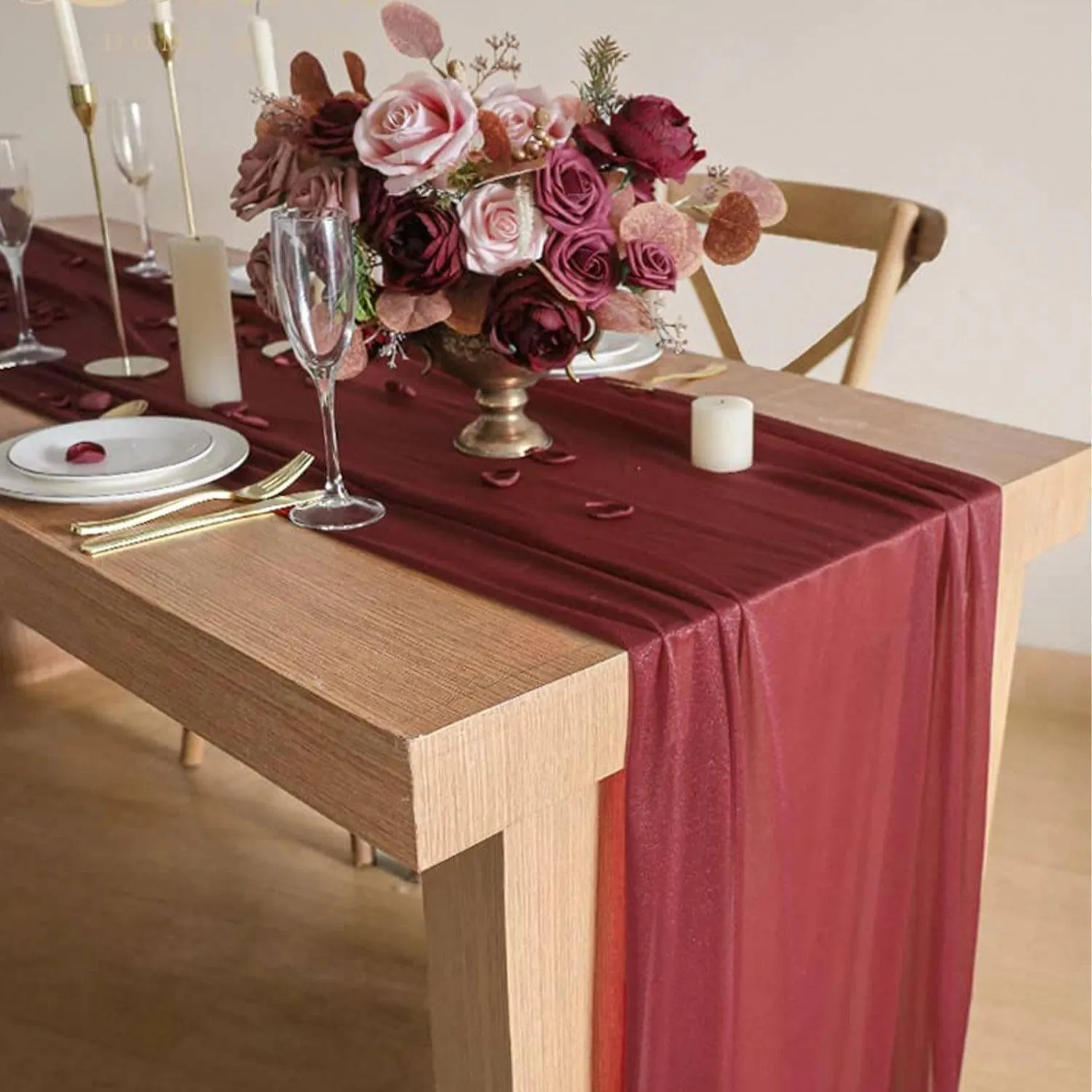 9.8Ft Burgundy Sheer Chiffon Table Runner