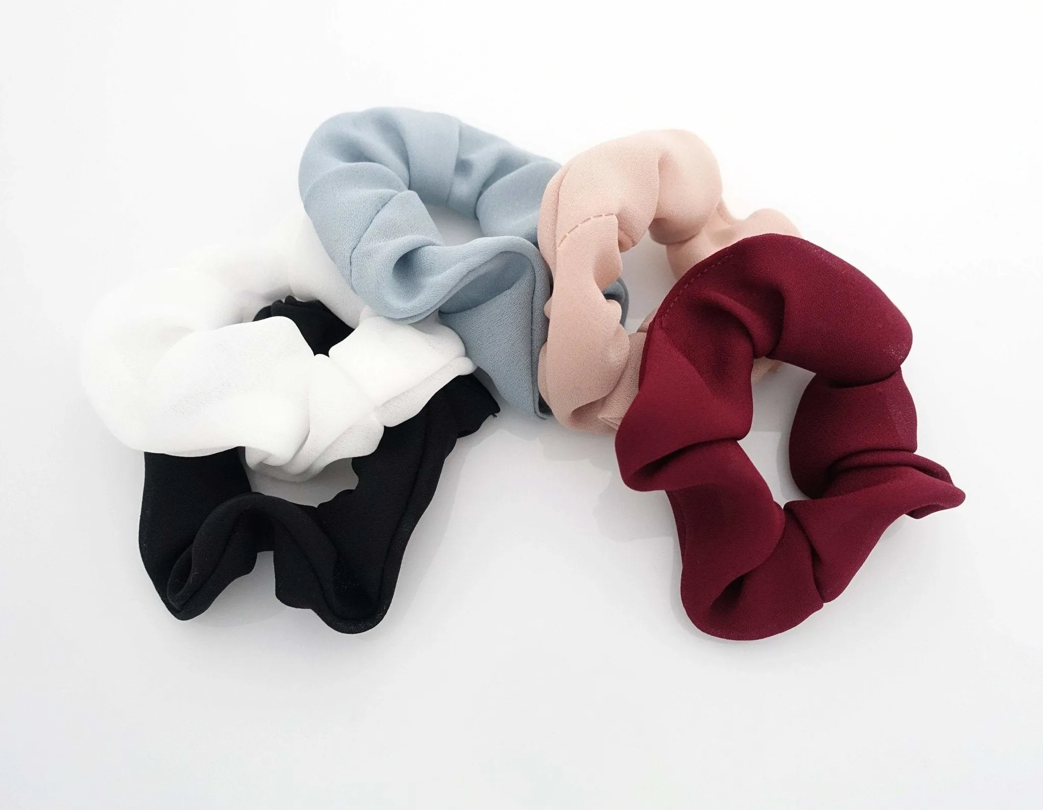 a set of 5 solid chiffon scrunchies small medium scrunchie woman hair accessory pack