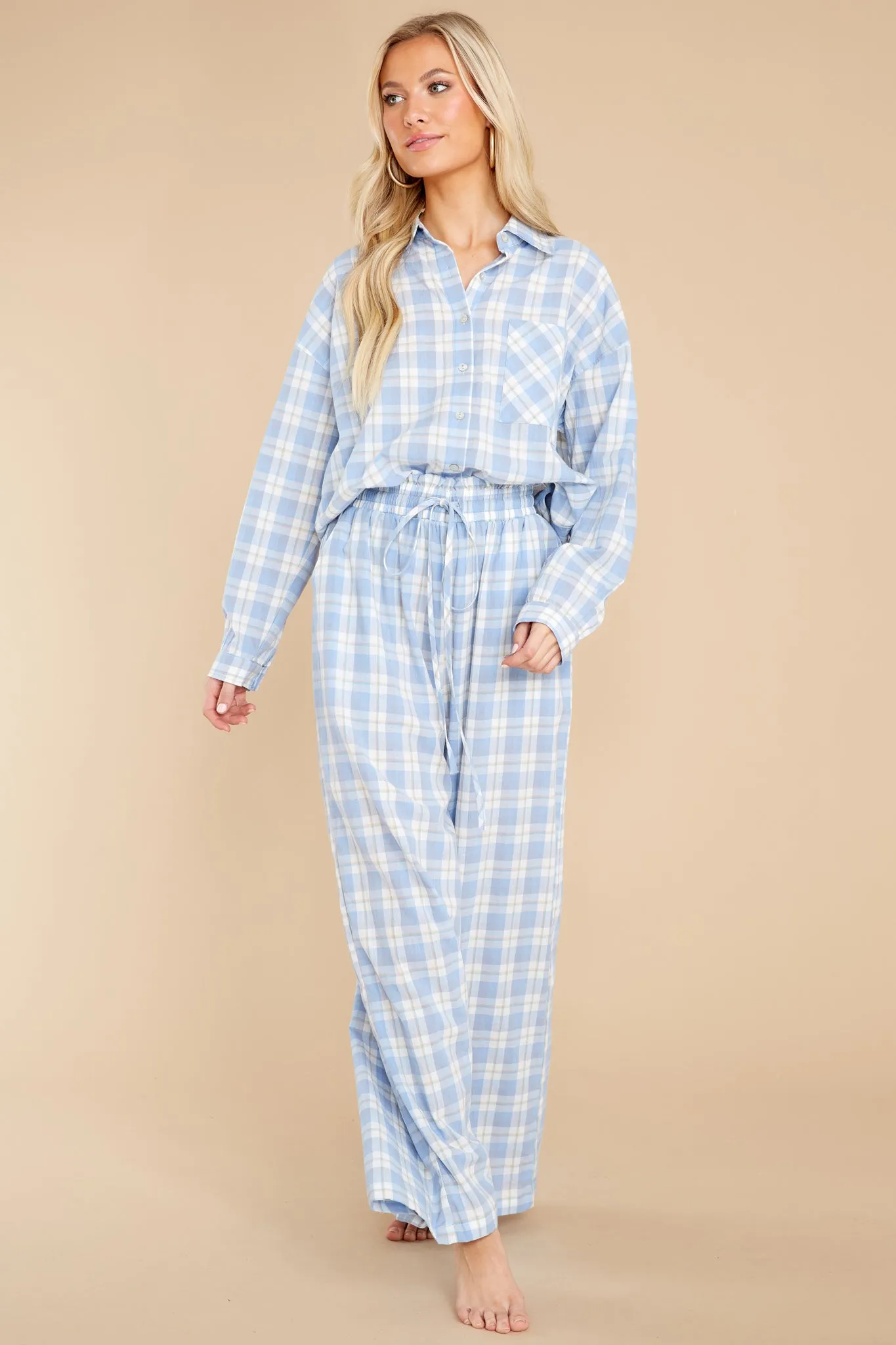 Beauty In Comfort Blue Plaid Cotton Pajama Top