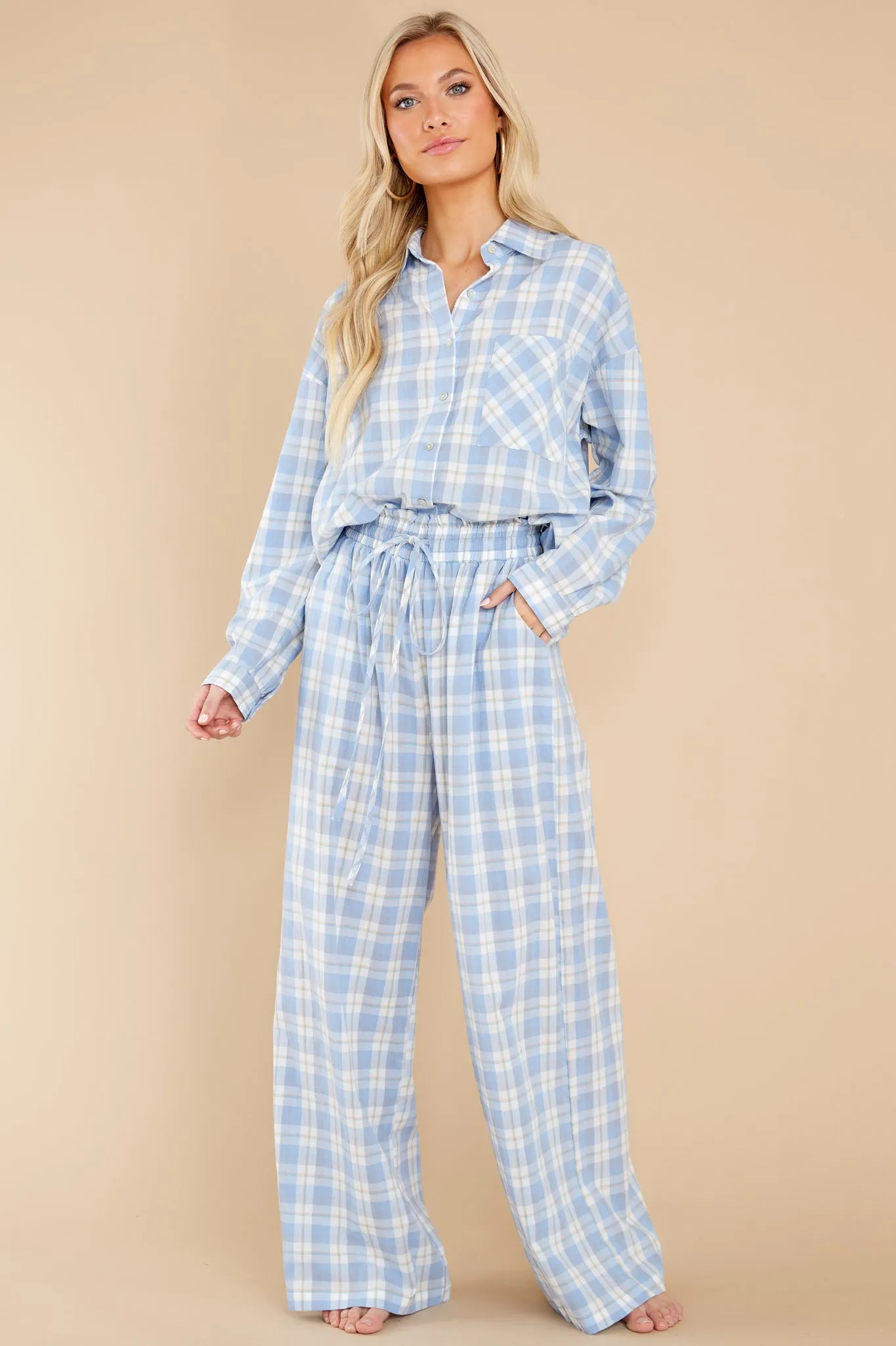 Beauty In Comfort Blue Plaid Cotton Pajama Top