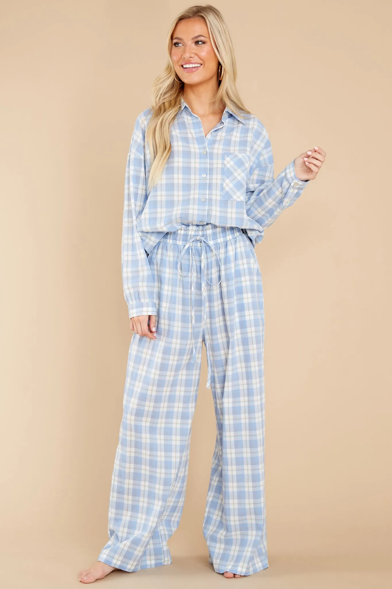 Beauty In Comfort Blue Plaid Cotton Pajama Top