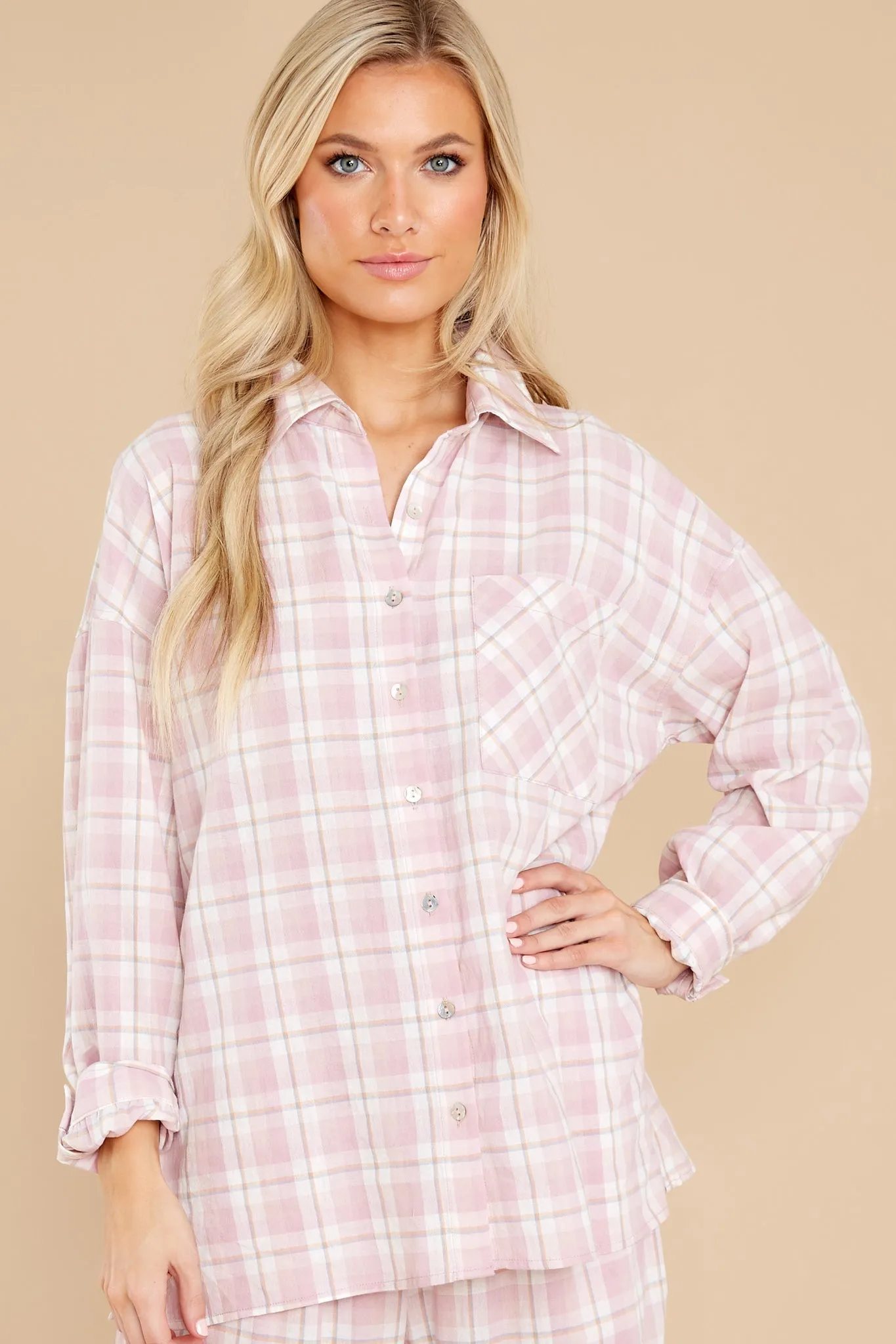 Beauty In Comfort Pink Plaid Cotton Pajama Top