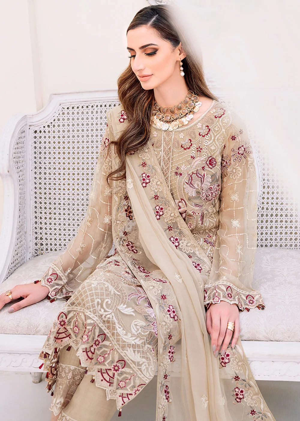 Beige Embroidered Suit - Ramsha Chiffon Vol 23 - #F-2306