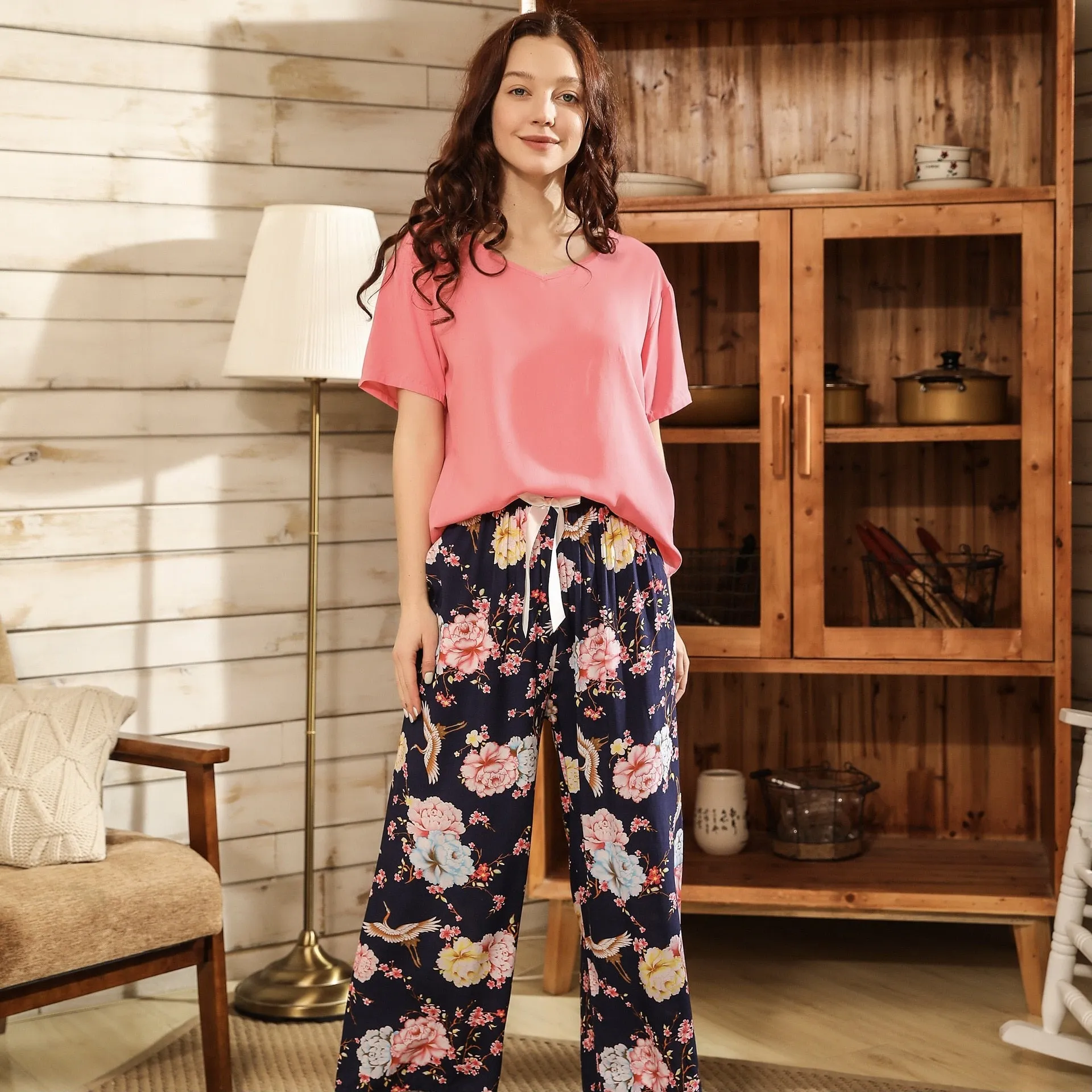 Breathable 2PCS Pajama Short Sleeve Printed Pijama Mujer Femme Loose Nightwear Suit Female Casual Homewear Pajama Set For Women