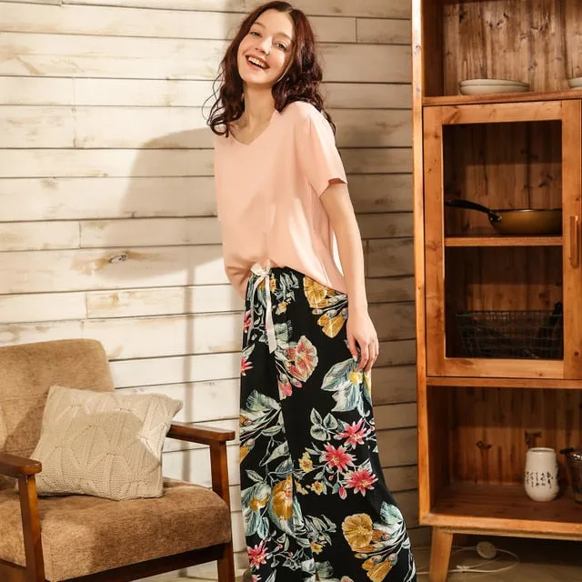 Breathable 2PCS Pajama Short Sleeve Printed Pijama Mujer Femme Loose Nightwear Suit Female Casual Homewear Pajama Set For Women