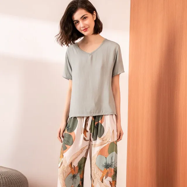 Breathable 2PCS Pajama Short Sleeve Printed Pijama Mujer Femme Loose Nightwear Suit Female Casual Homewear Pajama Set For Women