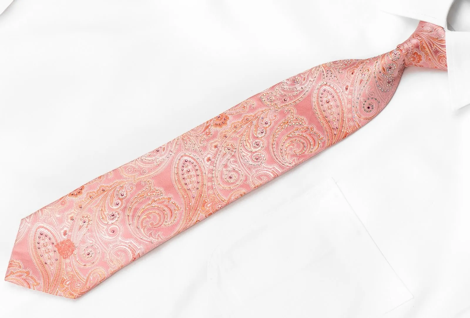 Cabrini Men's Crystal Silk Tie Paisley On Pink Sparkling With Rhinestones