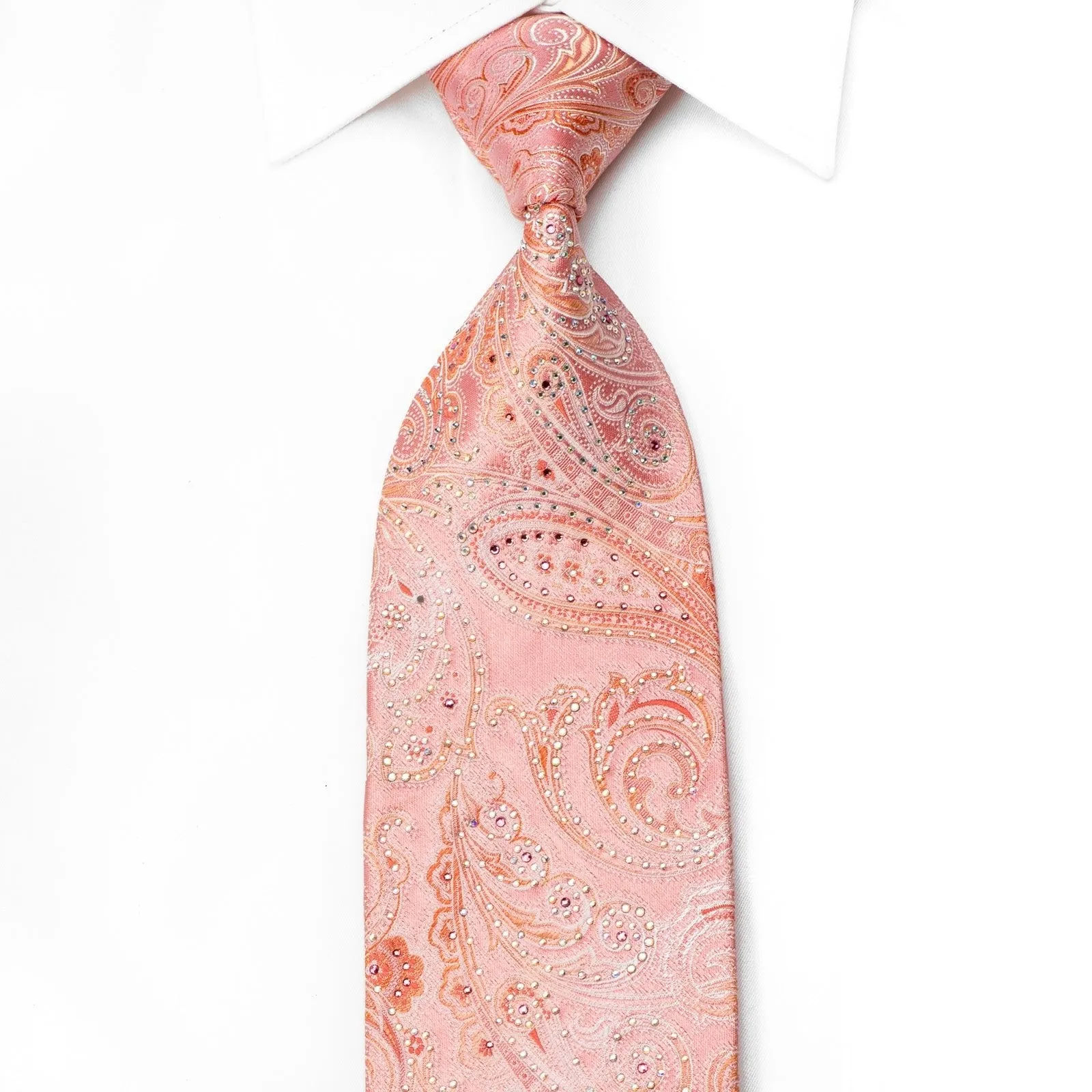 Cabrini Men's Crystal Silk Tie Paisley On Pink Sparkling With Rhinestones