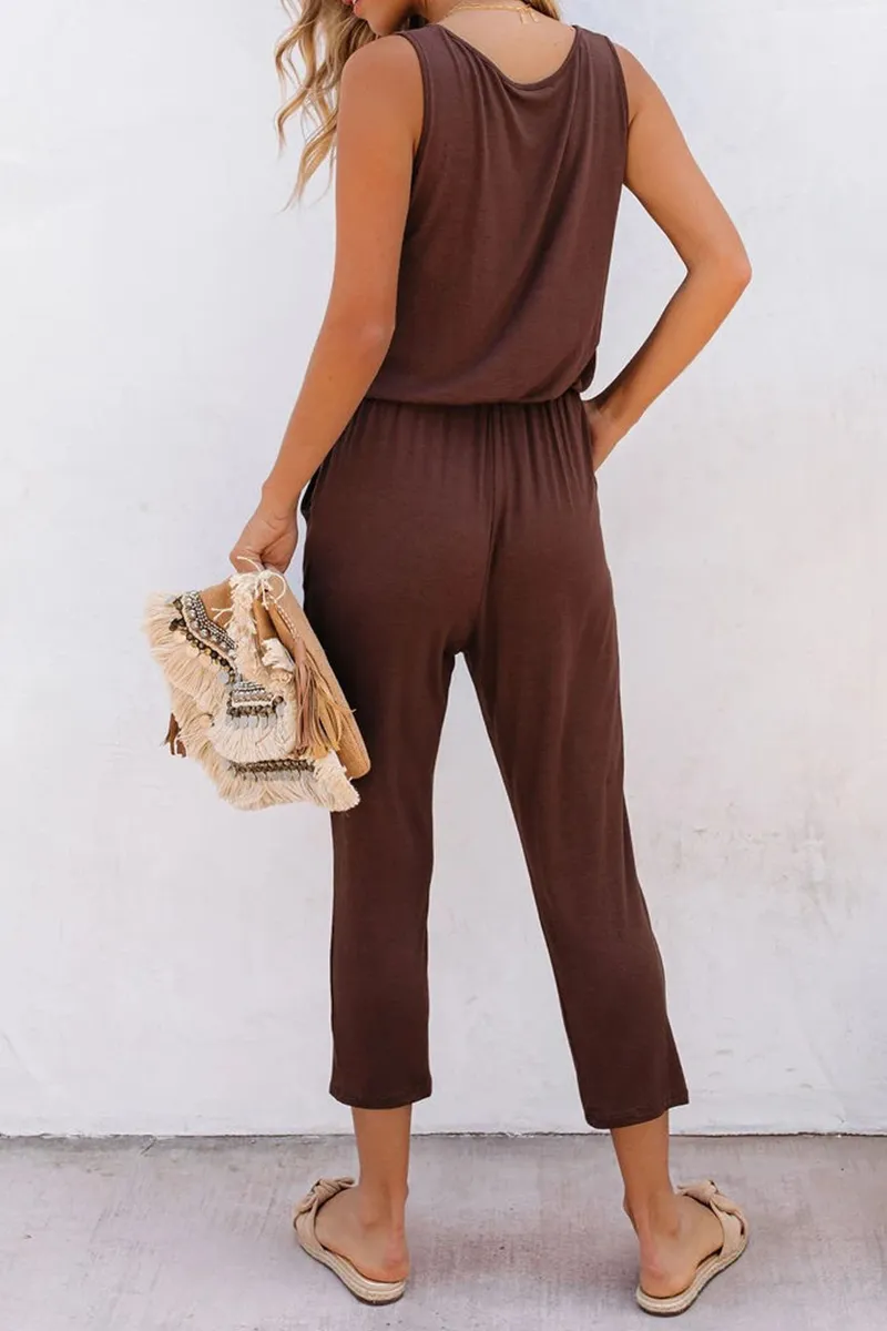 Casual Solid Patchwork U Neck Regular Jumpsuits(3 Colors)