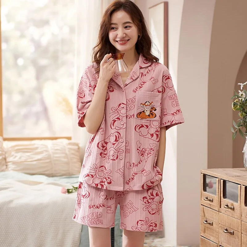 Casual Women's Pajamas Set Summer Cotton Sleepwear Homewear Short Sleeves Nightgown Cute Cartoon Printed Tracksuit