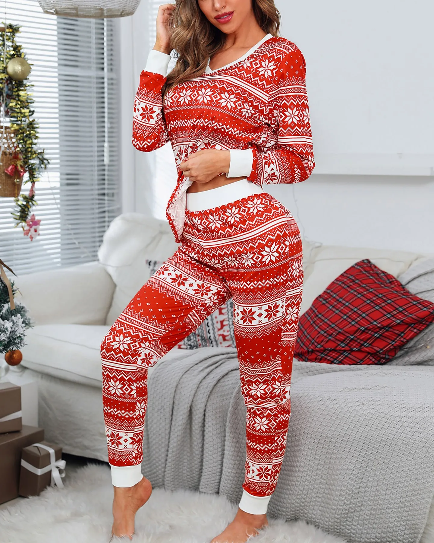 Christmas Mixed Print Long Sleeve Pajamas Set