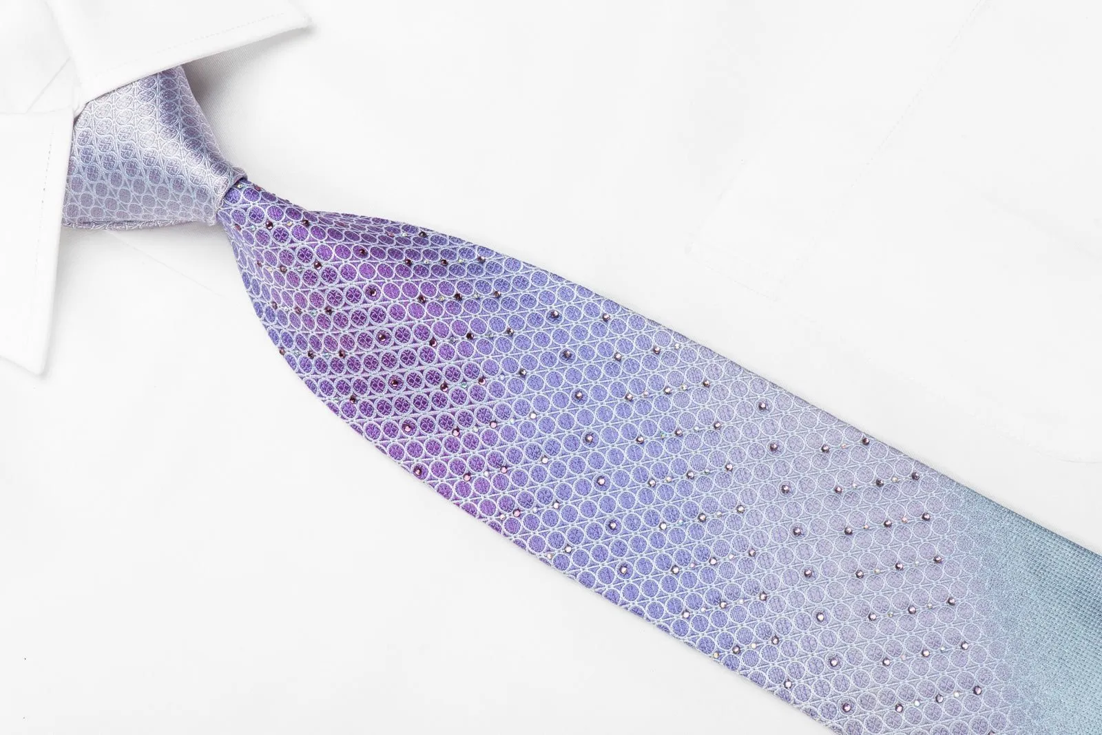 Daniel Hechter Mens Crystal Silk Necktie Geometric Circles On Mauve Purple With Silver Sparkles