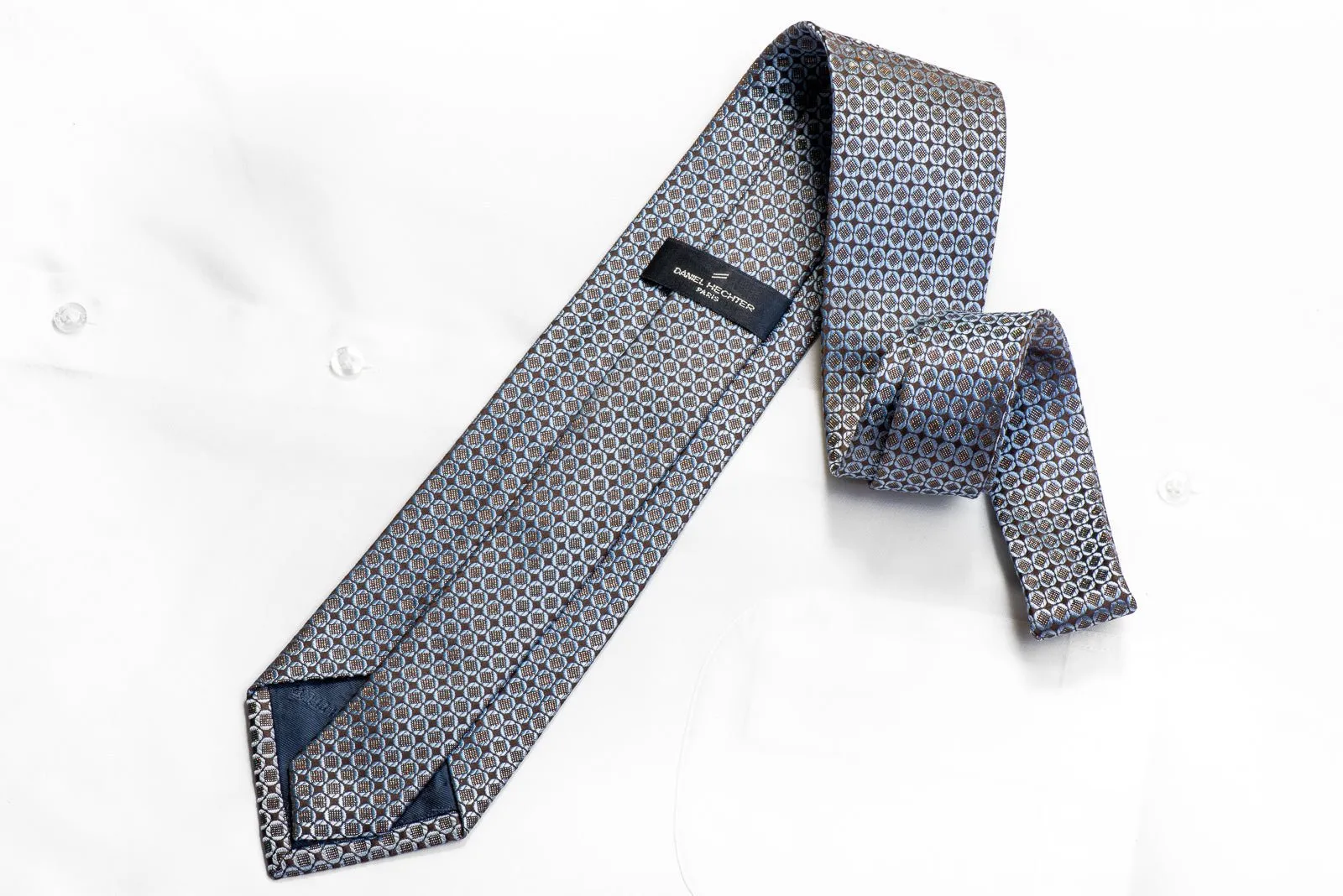 Daniel Hechter Men's Rhinestone Silk Necktie Blue Geometric On Brown With Silver Sparkles