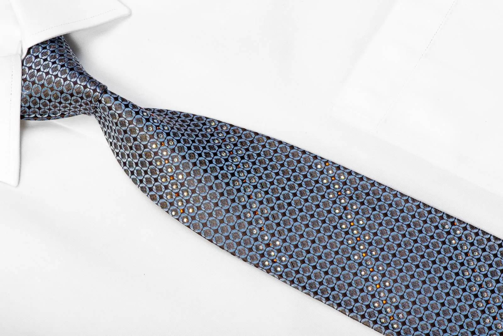 Daniel Hechter Men's Rhinestone Silk Necktie Blue Geometric On Brown With Silver Sparkles