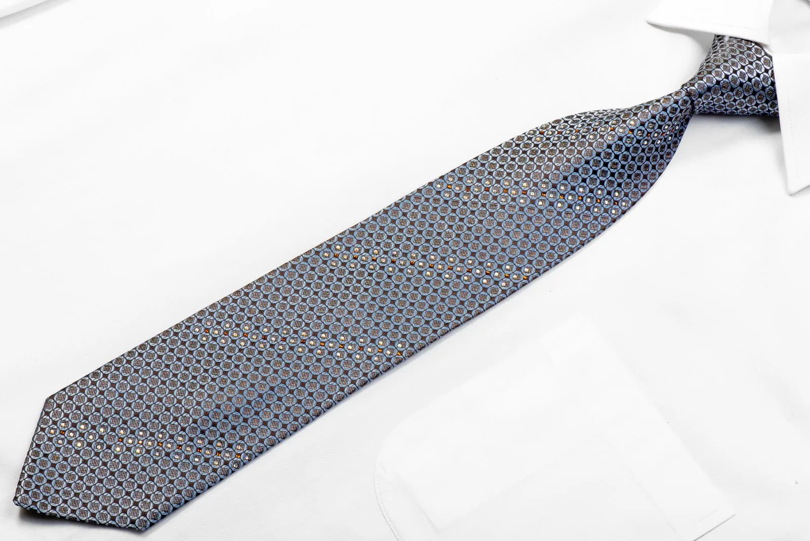 Daniel Hechter Men's Rhinestone Silk Necktie Blue Geometric On Brown With Silver Sparkles