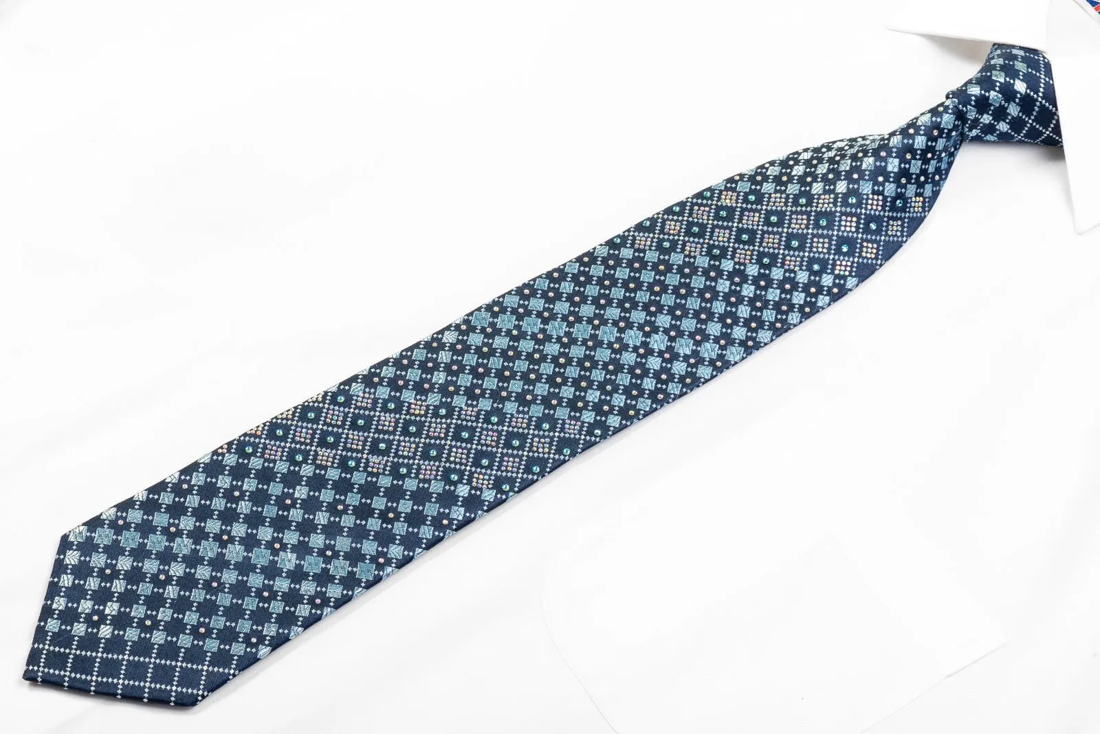 Daniel Hechter Men's Rhinestone Silk Necktie Geometric Checkered On Blue With Sparkles