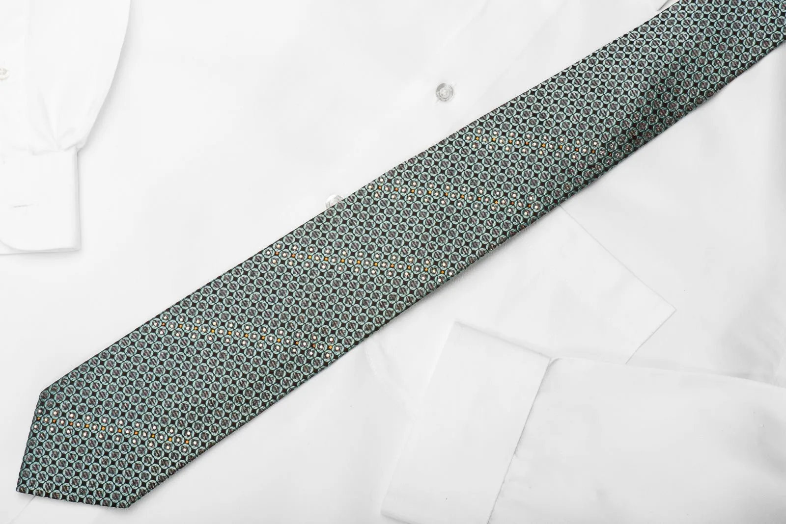 Daniel Hechter Rhinestone Silk Necktie Turquoise Geometric On Brown With Sparkles