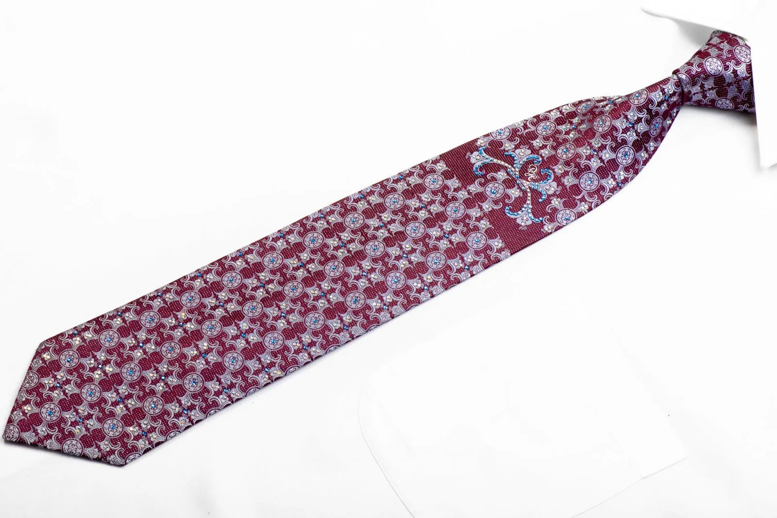 Daniel Hechter Rhinestone Silk Tie Blue Damask On Burgundy With Silver Sparkles