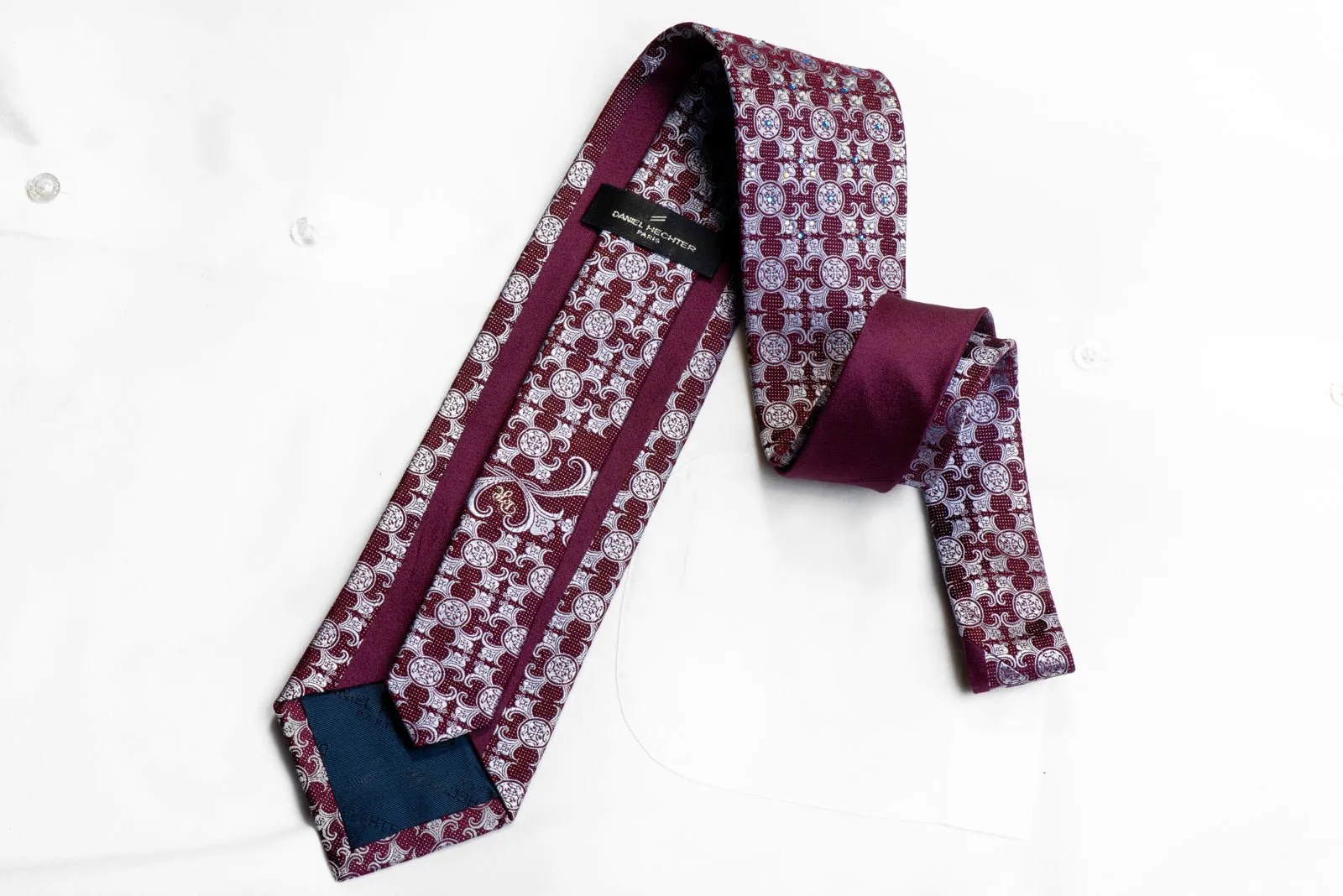 Daniel Hechter Rhinestone Silk Tie Blue Damask On Burgundy With Silver Sparkles