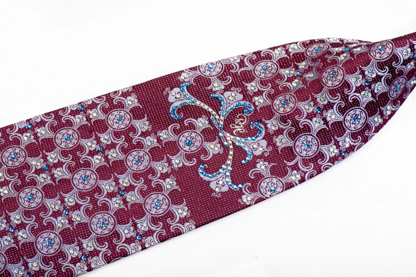 Daniel Hechter Rhinestone Silk Tie Blue Damask On Burgundy With Silver Sparkles