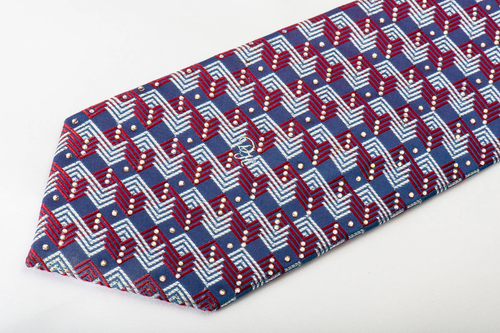 Daniel Hechter Silk Necktie Silver Red Chevron On Blue With Rhinestones & Sparkles