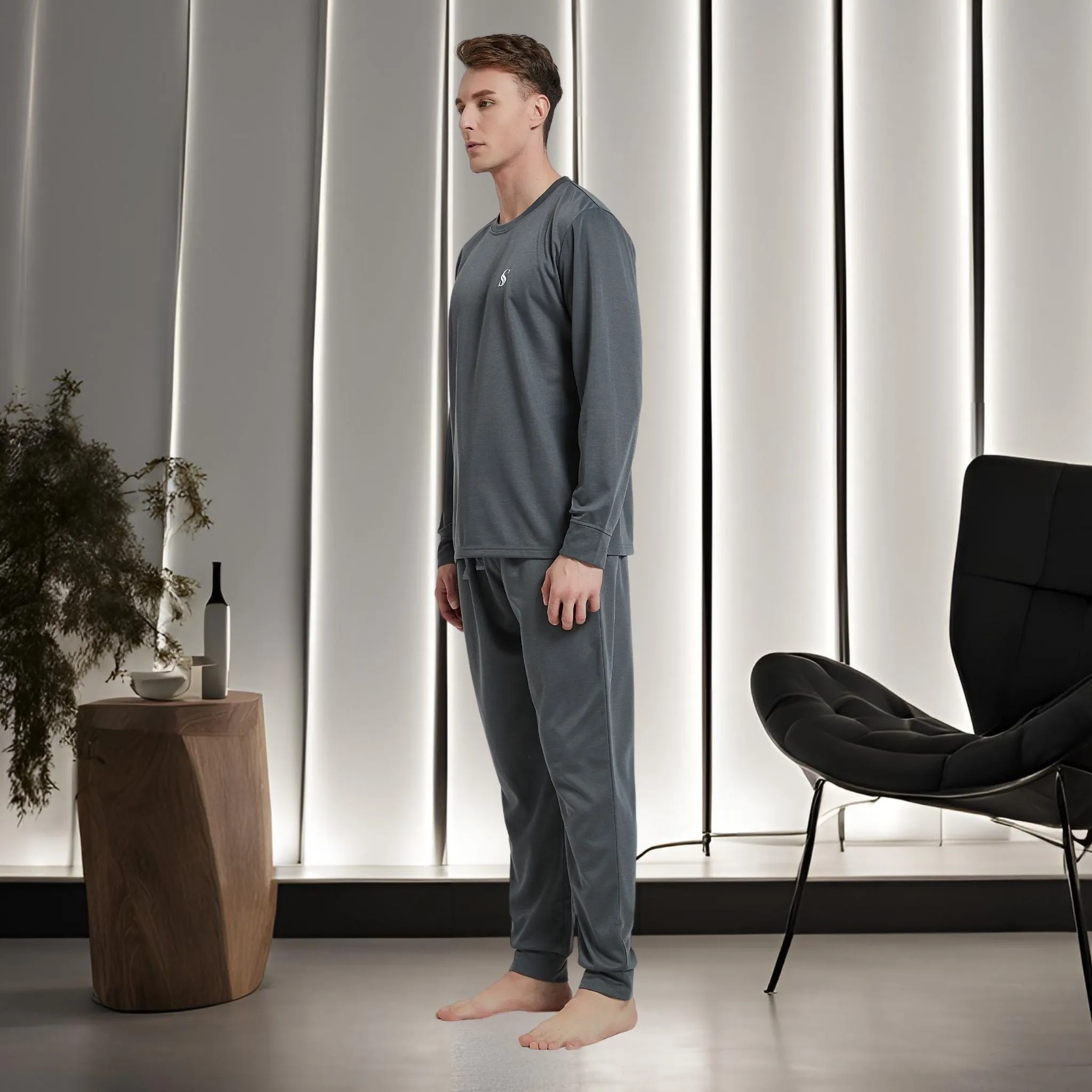 Dark Grey Pyjama Sets Long Sleeve Jogger Style Men Comfy Pj's.