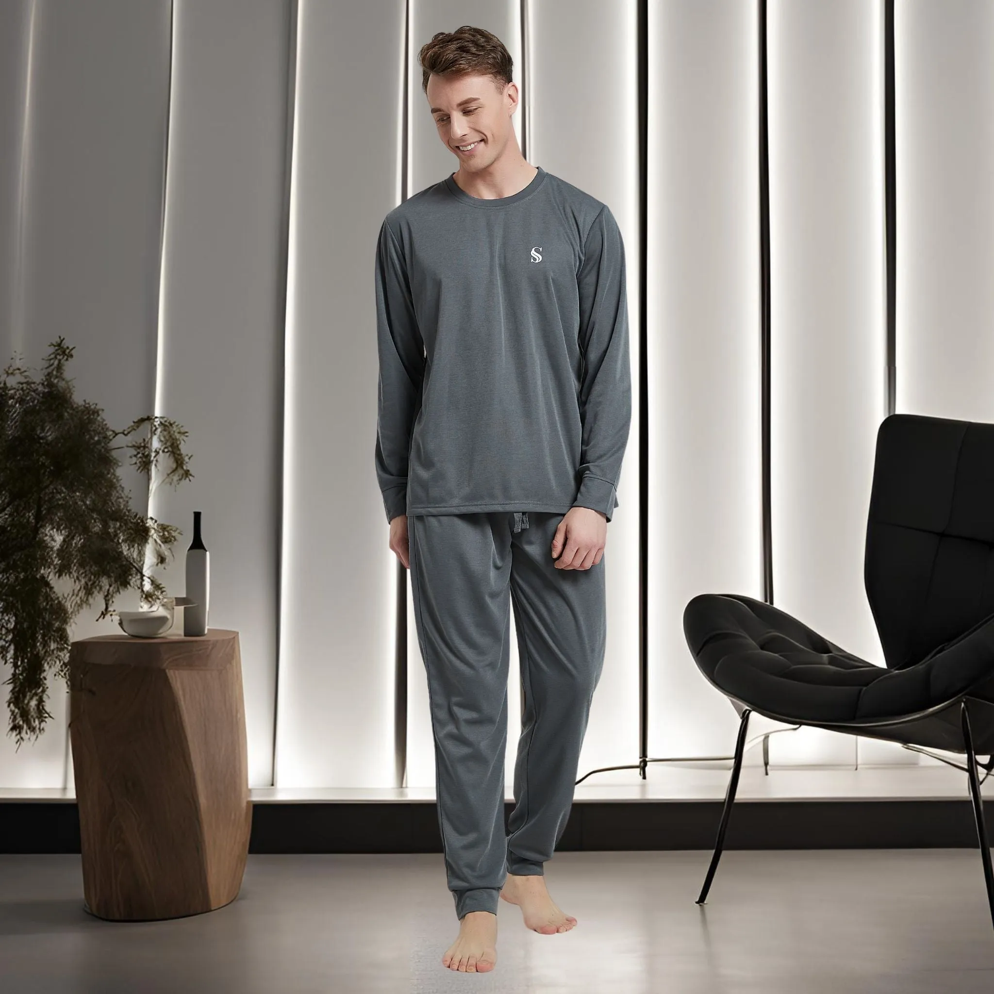 Dark Grey Pyjama Sets Long Sleeve Jogger Style Men Comfy Pj's.