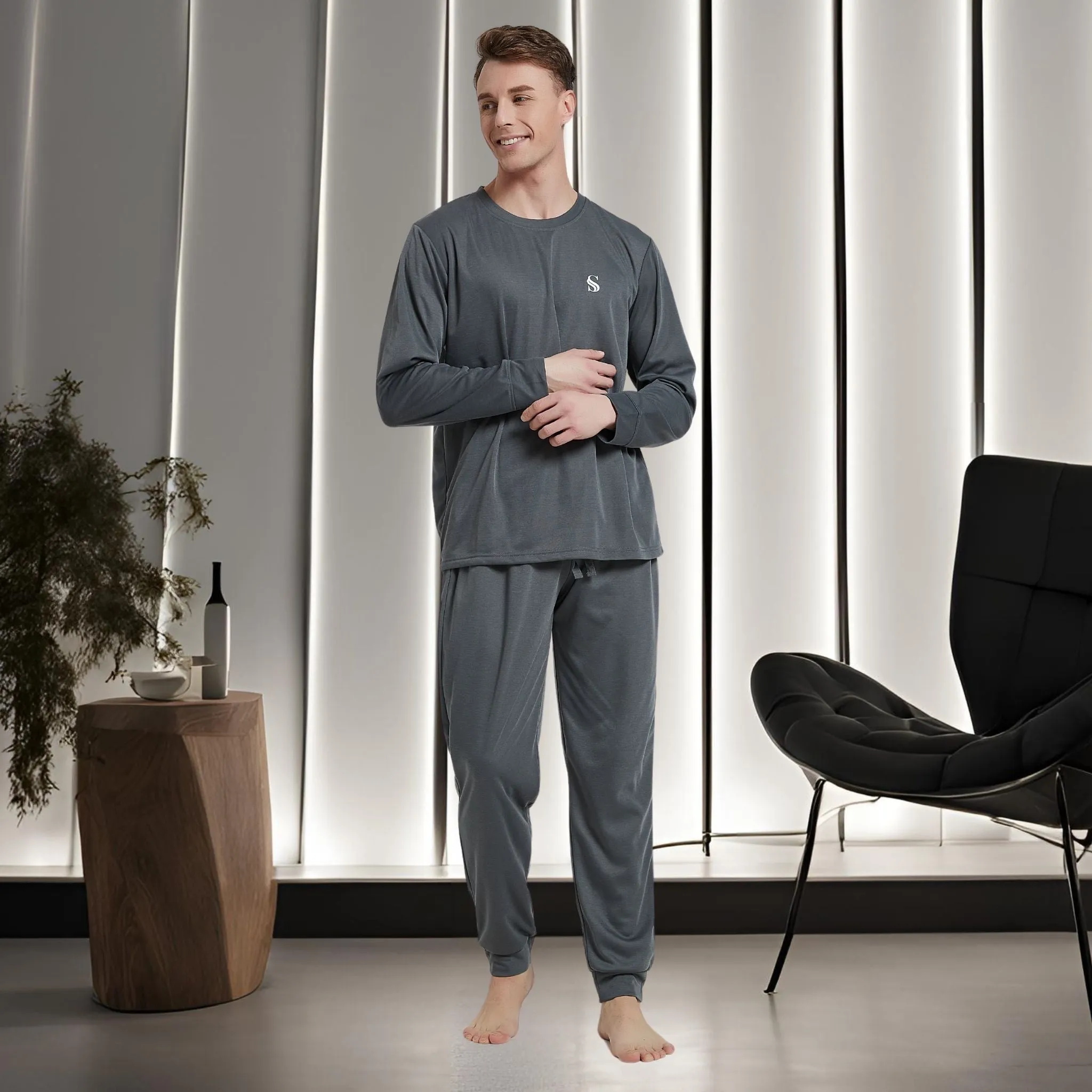 Dark Grey Pyjama Sets Long Sleeve Jogger Style Men Comfy Pj's.