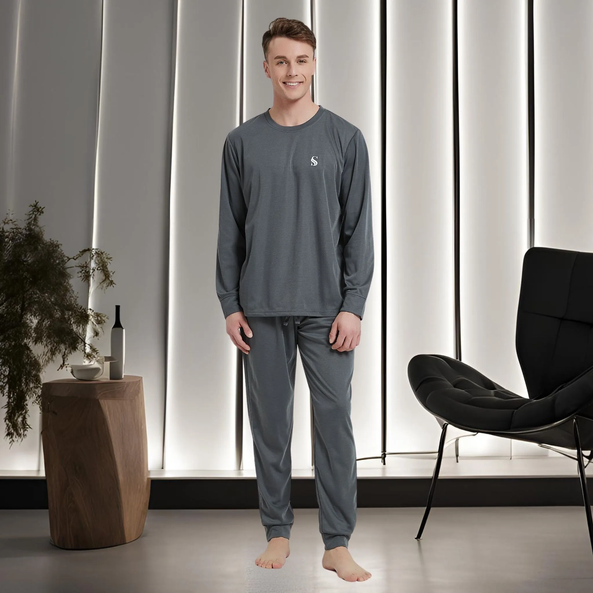 Dark Grey Pyjama Sets Long Sleeve Jogger Style Men Comfy Pj's.