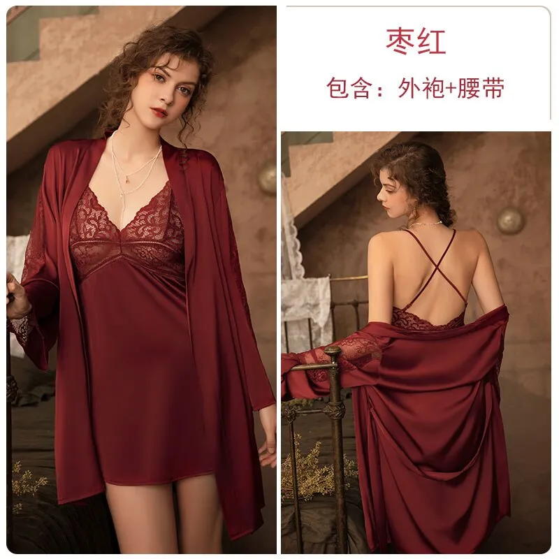 deanwangkt 3 Piece Lingerie Set with Robe Satin Pajamas Dress Cardigan Long Sleeve Top Sexy Sleepwear Bath Female Adult Nightwear Nightgown