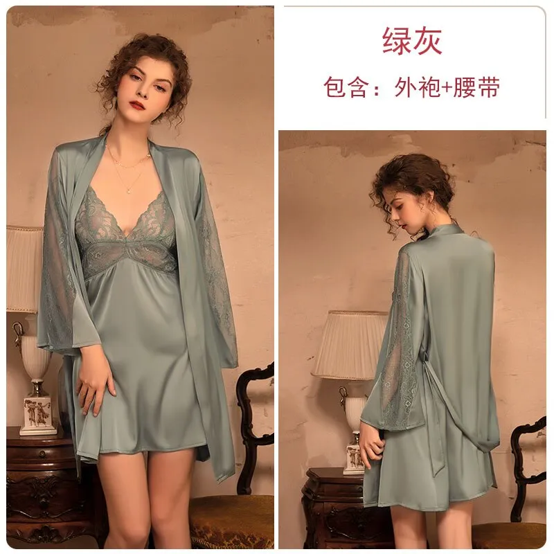 deanwangkt 3 Piece Lingerie Set with Robe Satin Pajamas Dress Cardigan Long Sleeve Top Sexy Sleepwear Bath Female Adult Nightwear Nightgown