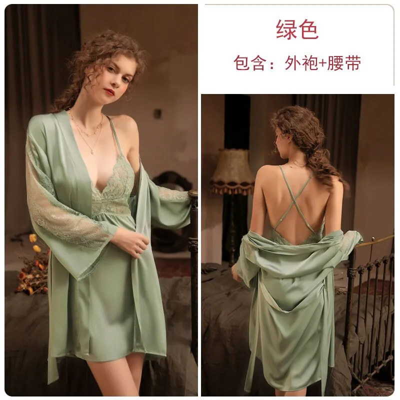 deanwangkt 3 Piece Lingerie Set with Robe Satin Pajamas Dress Cardigan Long Sleeve Top Sexy Sleepwear Bath Female Adult Nightwear Nightgown