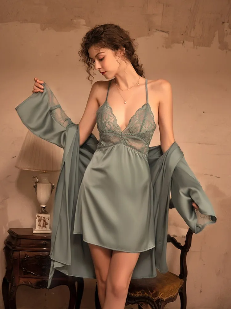 deanwangkt 3 Piece Lingerie Set with Robe Satin Pajamas Dress Cardigan Long Sleeve Top Sexy Sleepwear Bath Female Adult Nightwear Nightgown