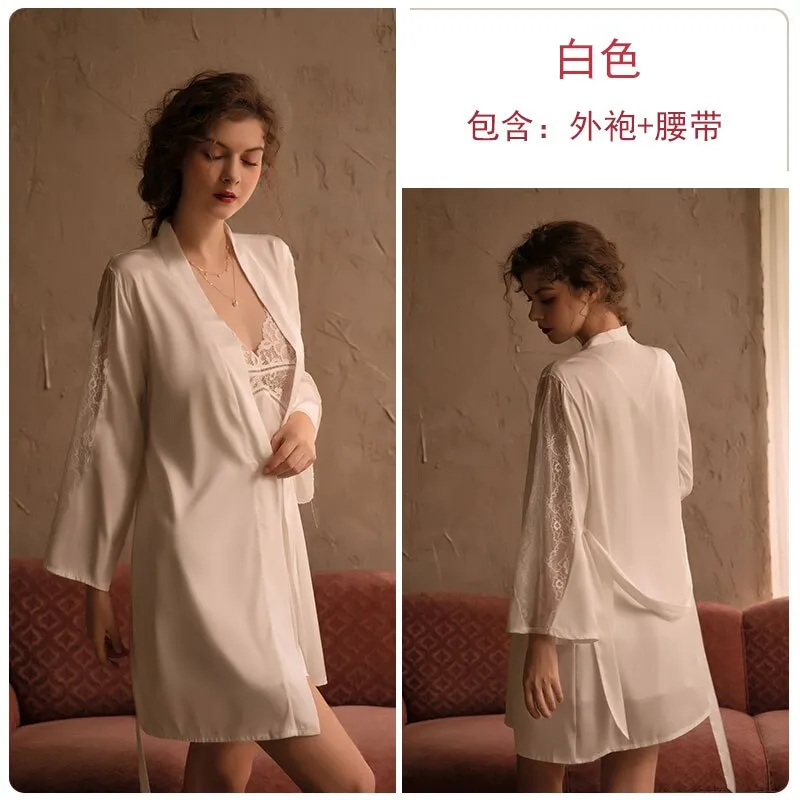 deanwangkt 3 Piece Lingerie Set with Robe Satin Pajamas Dress Cardigan Long Sleeve Top Sexy Sleepwear Bath Female Adult Nightwear Nightgown