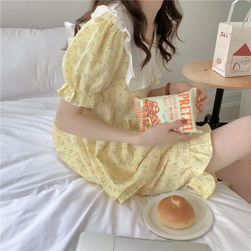 deanwangkt Ruffles V-Neck Summer Pajamas Set Women Short Sleeve Sweet Blouse   Shorts Suit Cotton Sleepwear Flowers Plaid Homewear