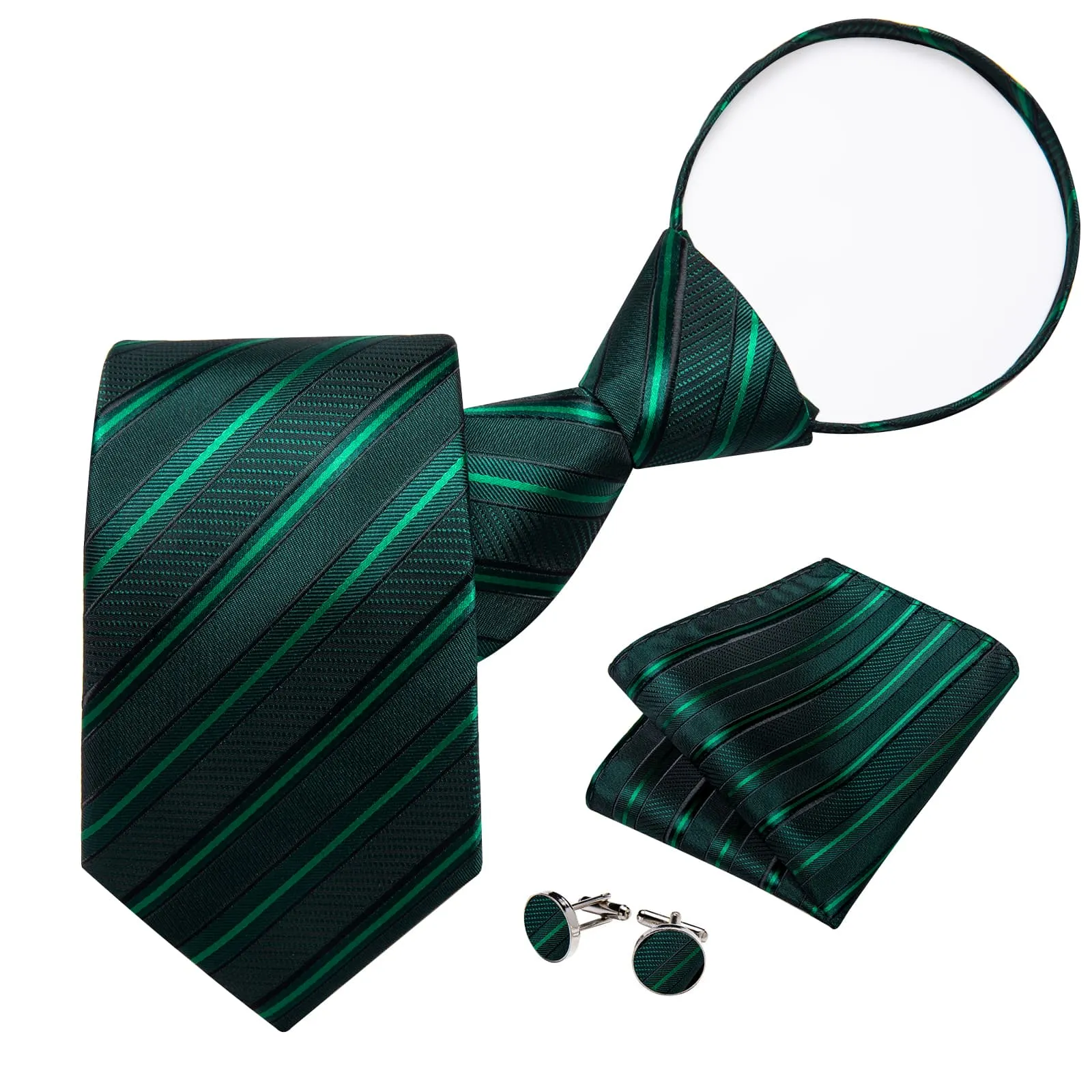 DiBanGu Silk Tie Sapphire Pine Green Striped Lazy Easy-pull Mens Dress Tie Hanky Cufflinks Set