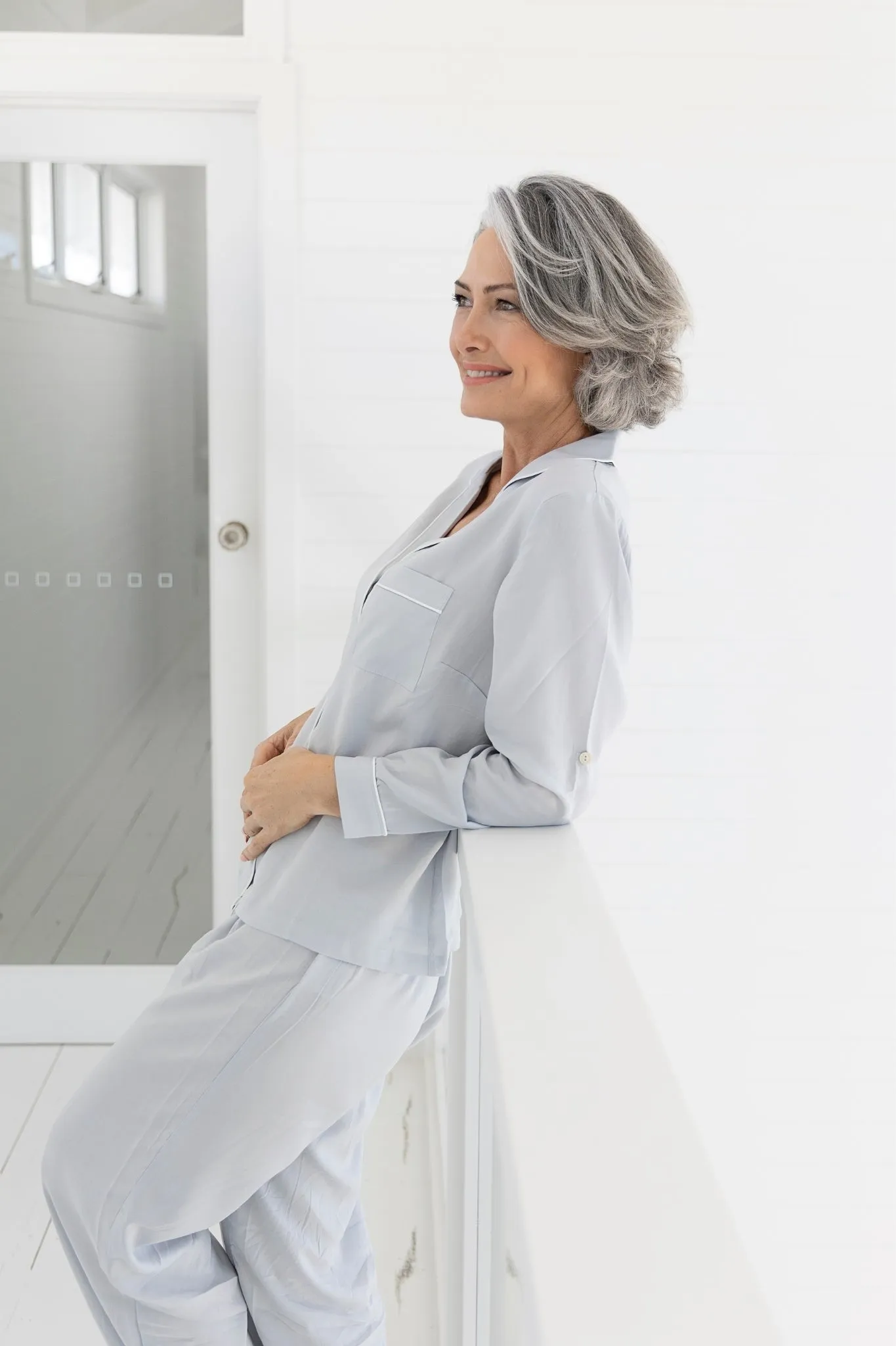 Eva Lounge Tencel™ Pyjama Set - Eggshell Blue with White Piping