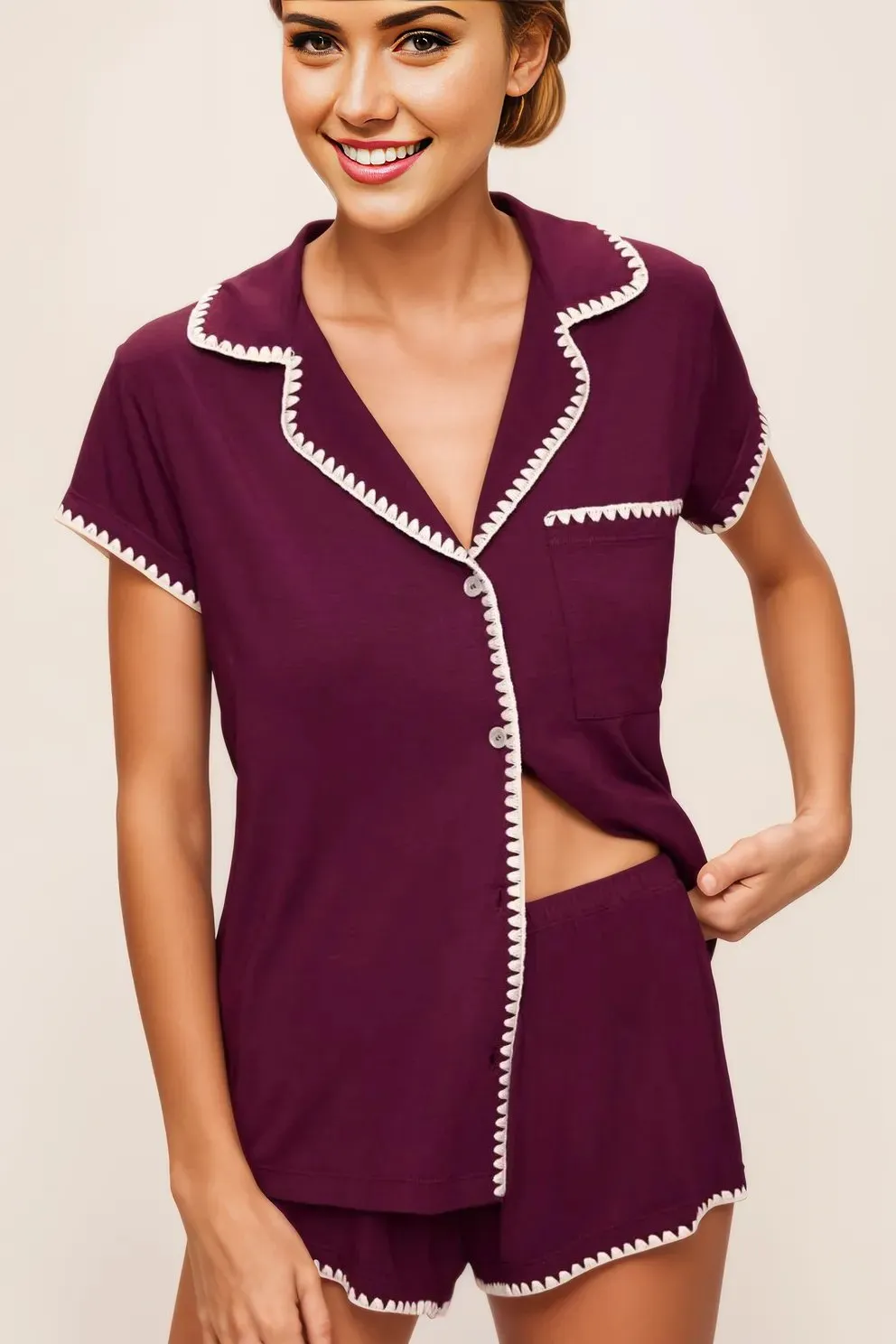 Frida Shortie PJ Set in Plum/Ivory