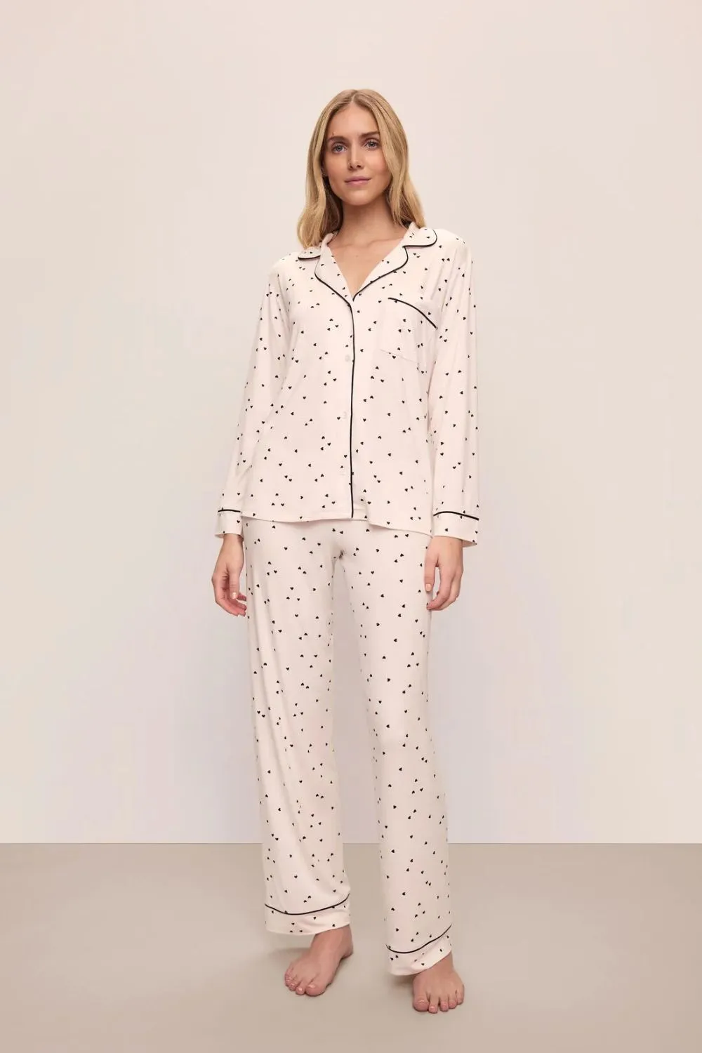 Gisele Printed Long PJ Set in Little Heart Sorbet Pink/Black