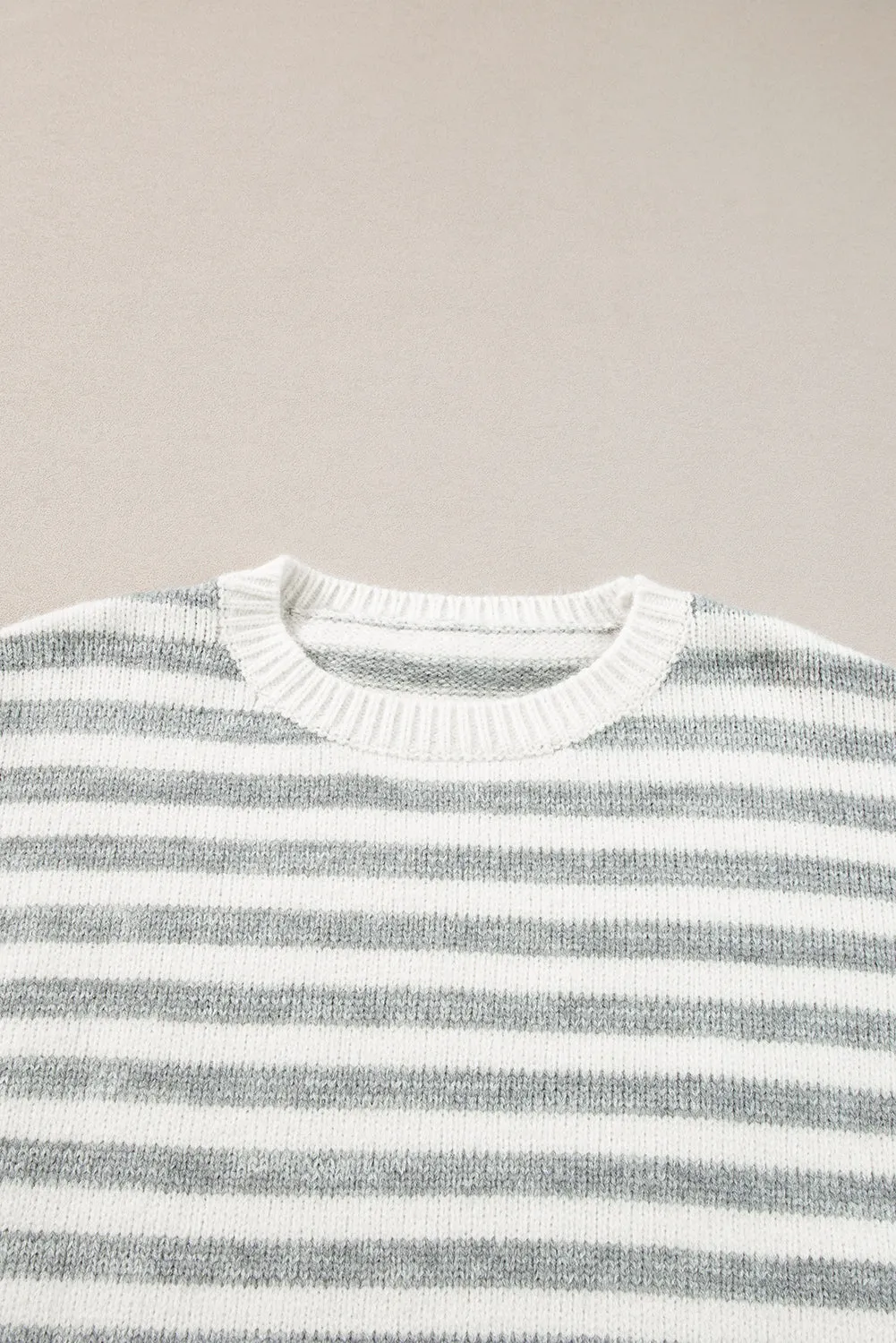 Gray Stripe Drop Shoulder Crew Neck Sweater