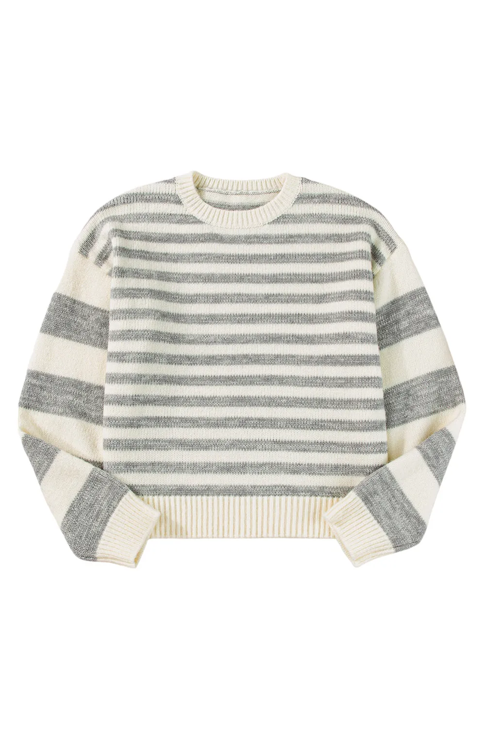 Gray Stripe Drop Shoulder Crew Neck Sweater