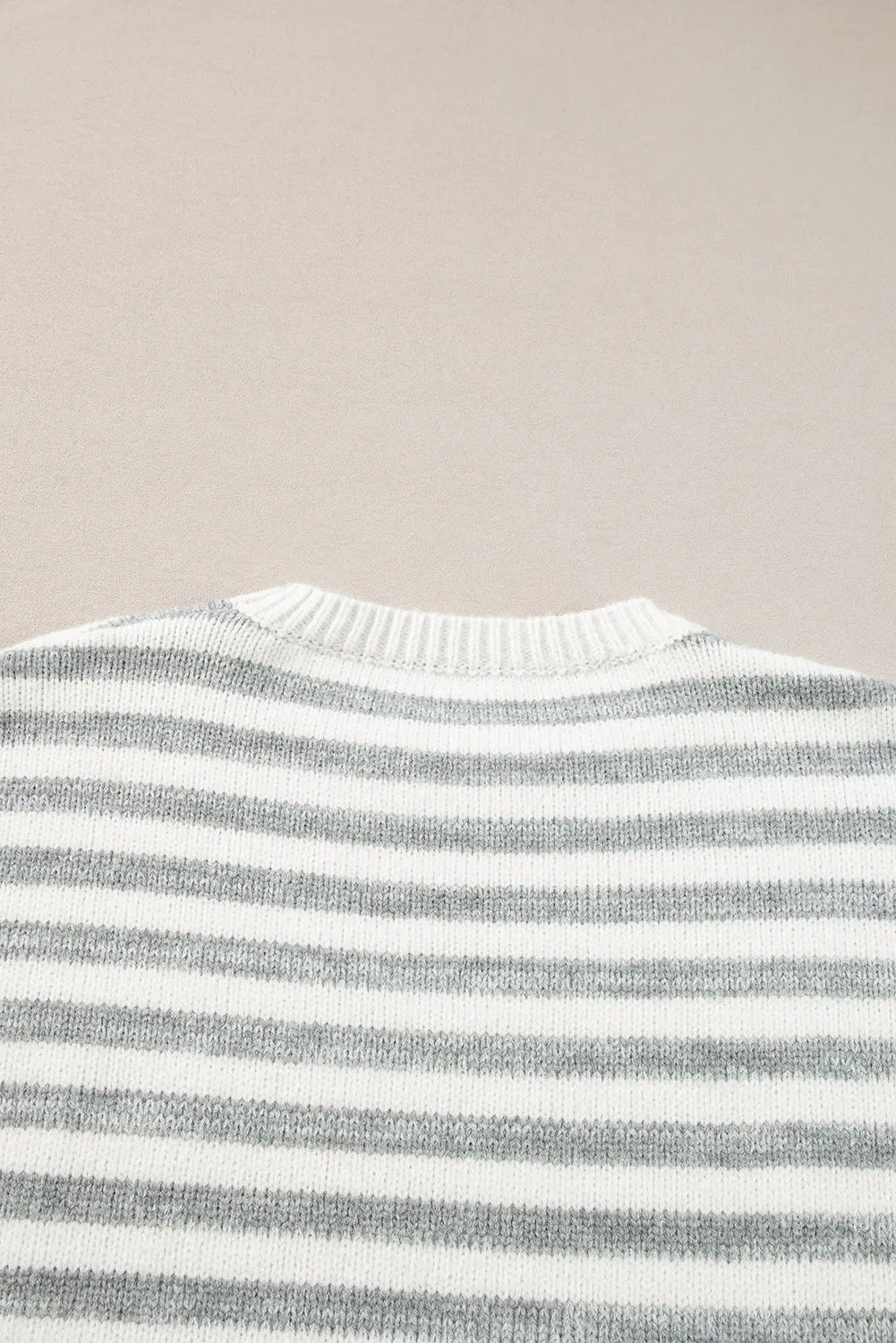 Gray Stripe Drop Shoulder Crew Neck Sweater