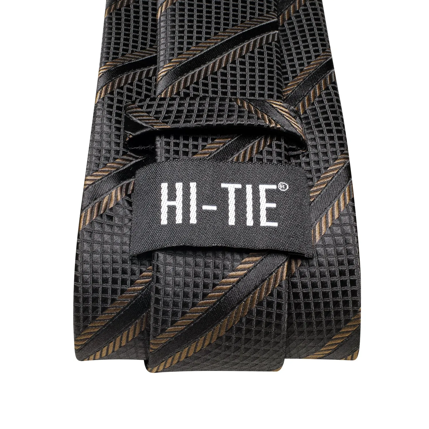 Hi-Tie Black Brown Striped Silk Tie Pocket Square Cufflink Set for Men