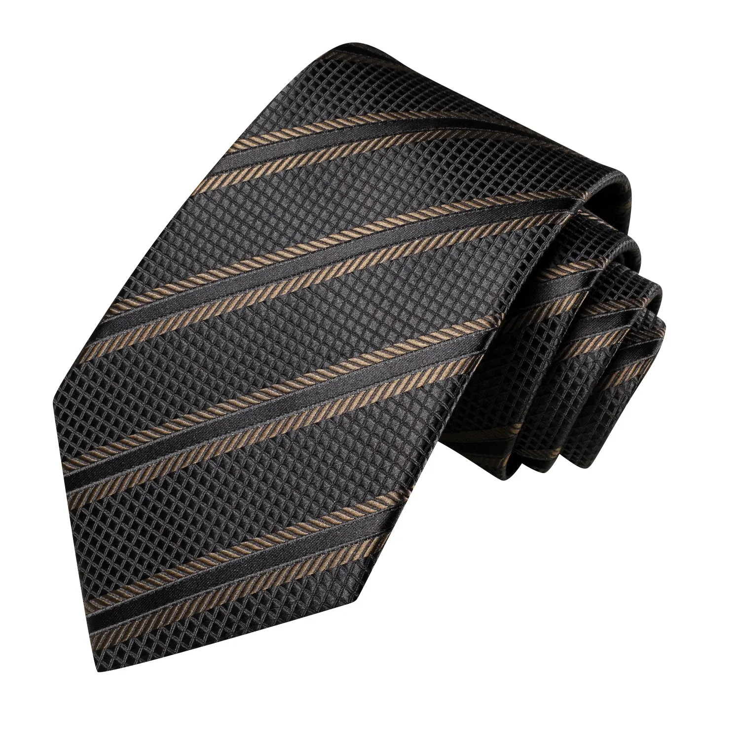 Hi-Tie Black Brown Striped Silk Tie Pocket Square Cufflink Set for Men