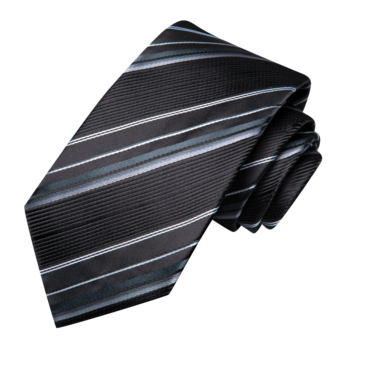 Hi-Tie Black Tie White Striped Men's Tie Pocket Square Cufflinks Set