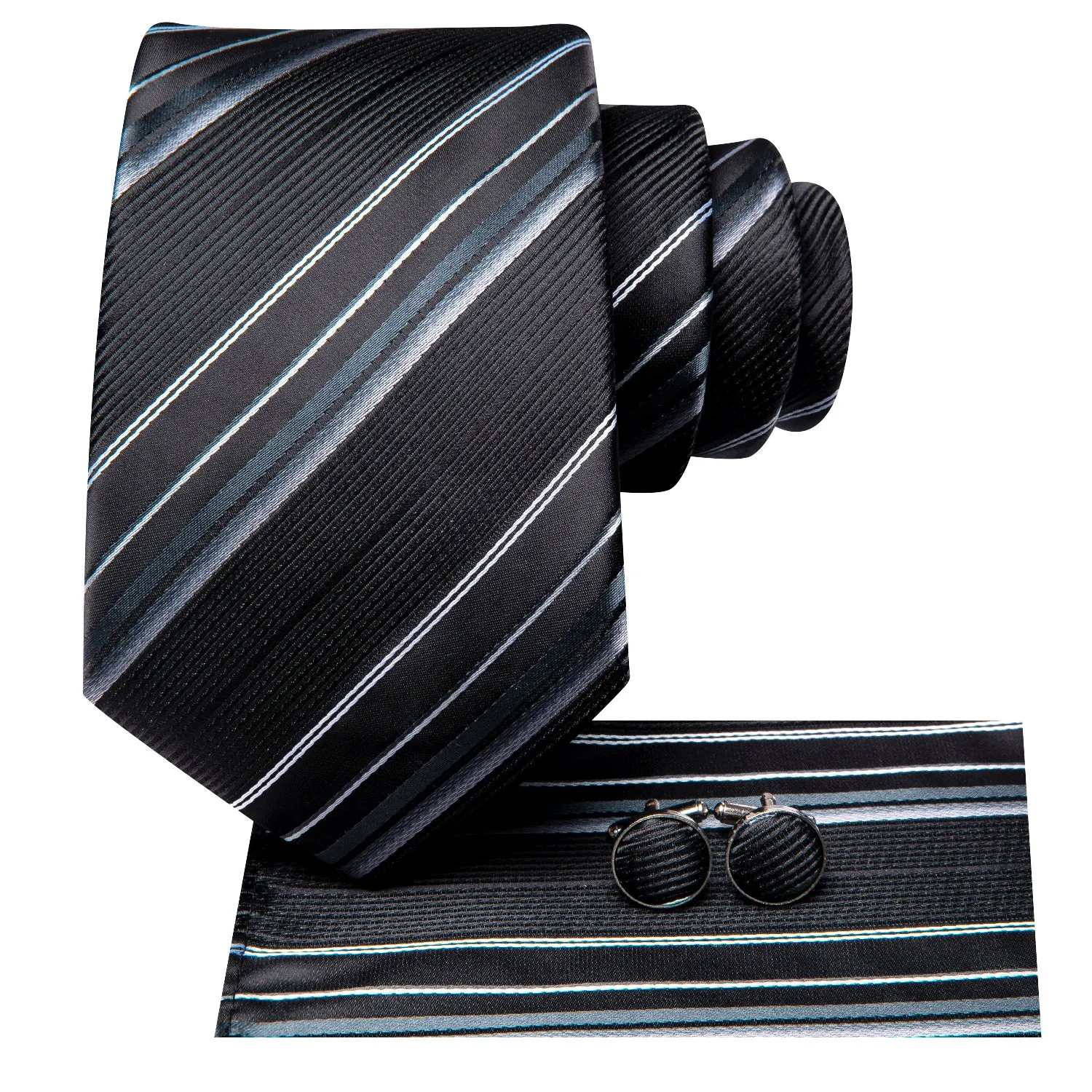 Hi-Tie Black Tie White Striped Men's Tie Pocket Square Cufflinks Set