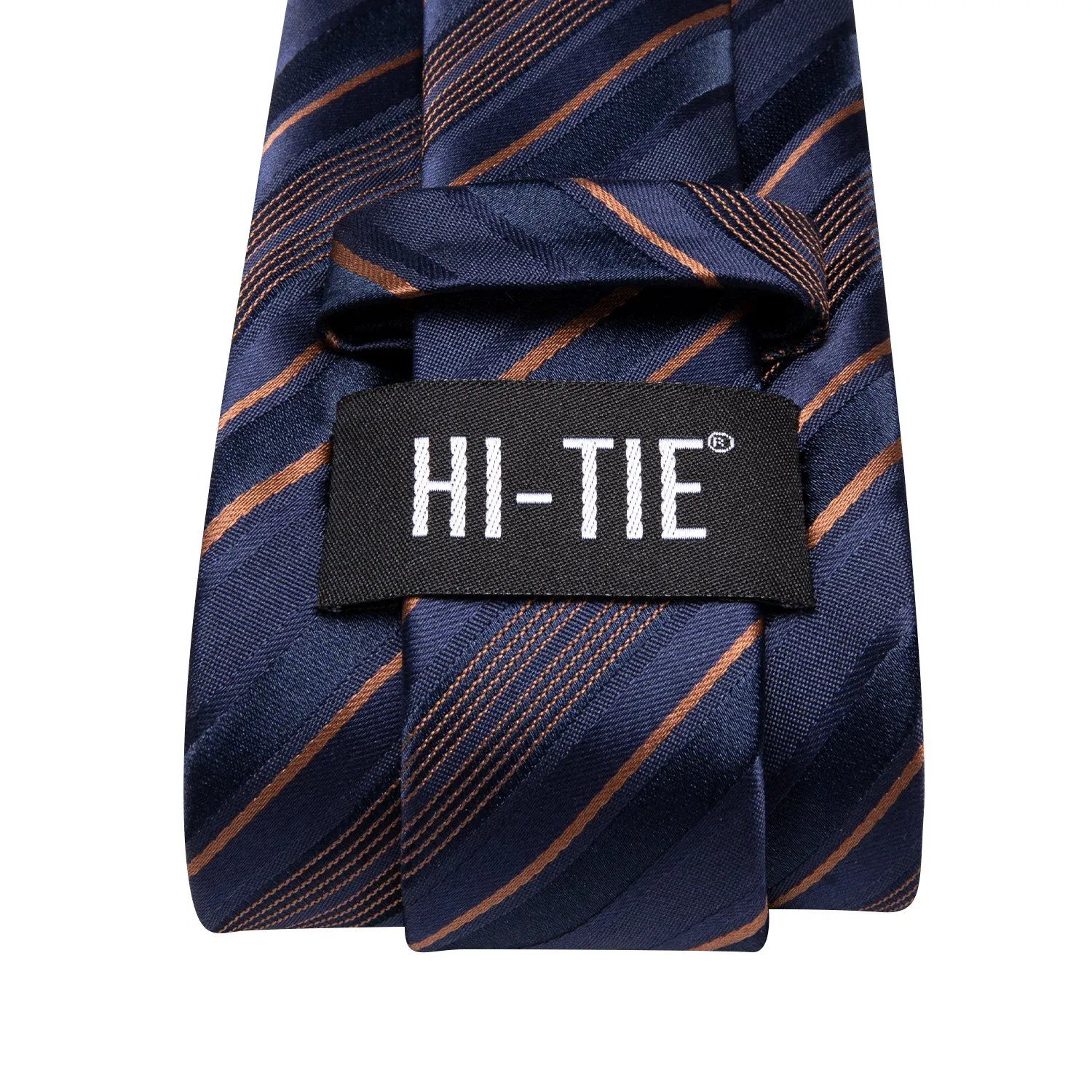 Hi-Tie Blue Orange Striped Men's Tie Pocket Square Cufflinks Set