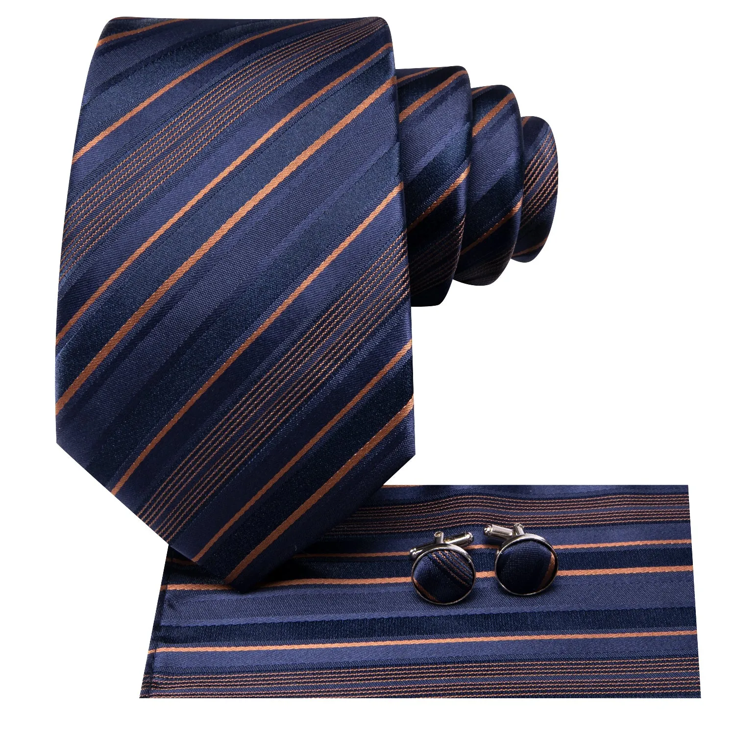 Hi-Tie Blue Orange Striped Men's Tie Pocket Square Cufflinks Set